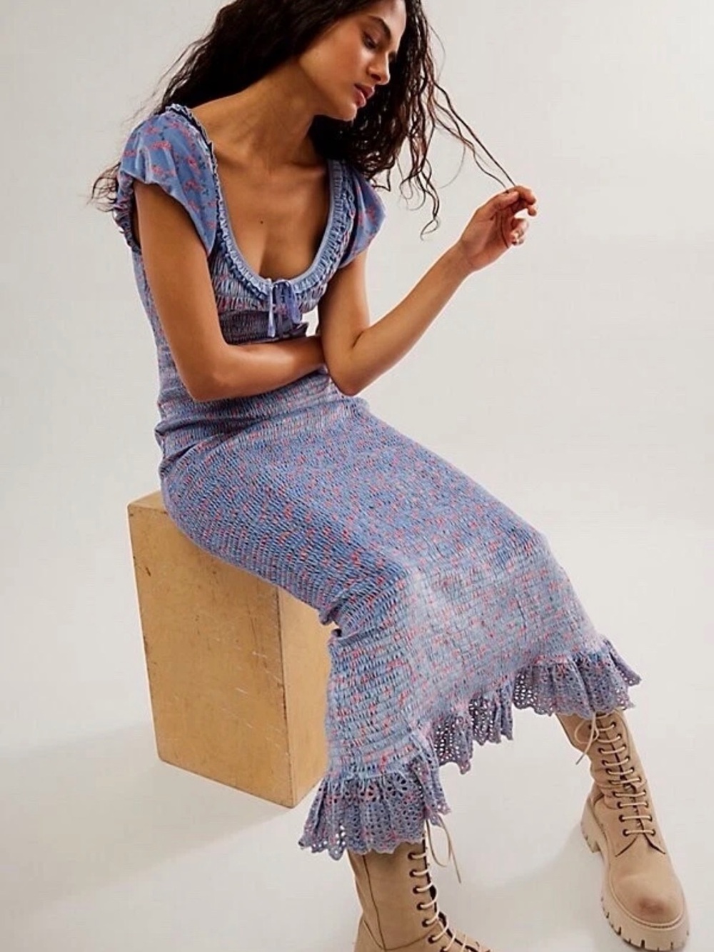 Free People McKenna velvet Lavender Multi Knit Midi Skirt with Ruffle Hem